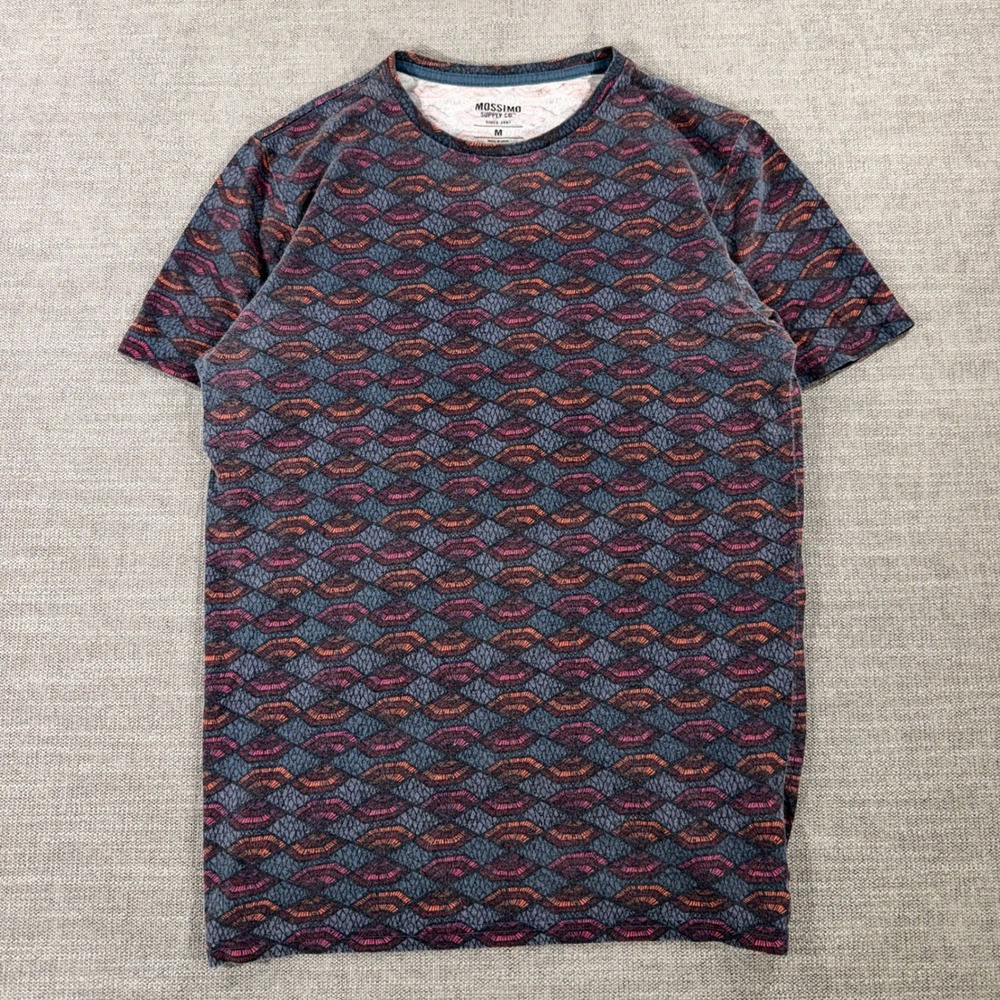 Mossimo T-Shirt Mens Medium Blue Orange Geometric Print Crew Neck Excellent 1267